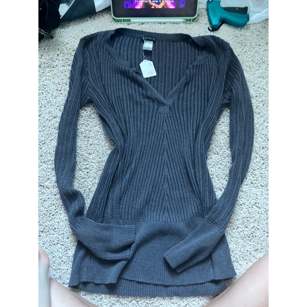 Y2K Vintage Ribbed Knit V-Neck Sweater Pointelle Gray Long Sleeve Top Small